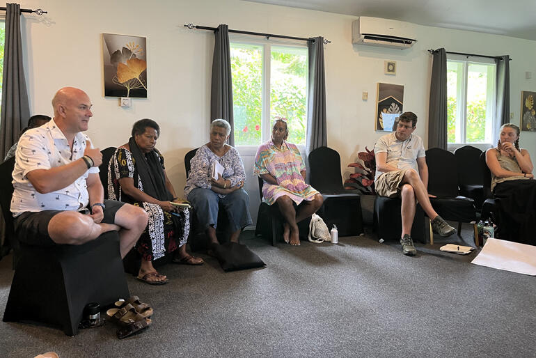 Anglican Missions' Mark Mitchell shares his thoughts as Dorothy Siep, Ethel George, Larissa Minniecon, Robert Dawes, Phoebe McLean listen in.