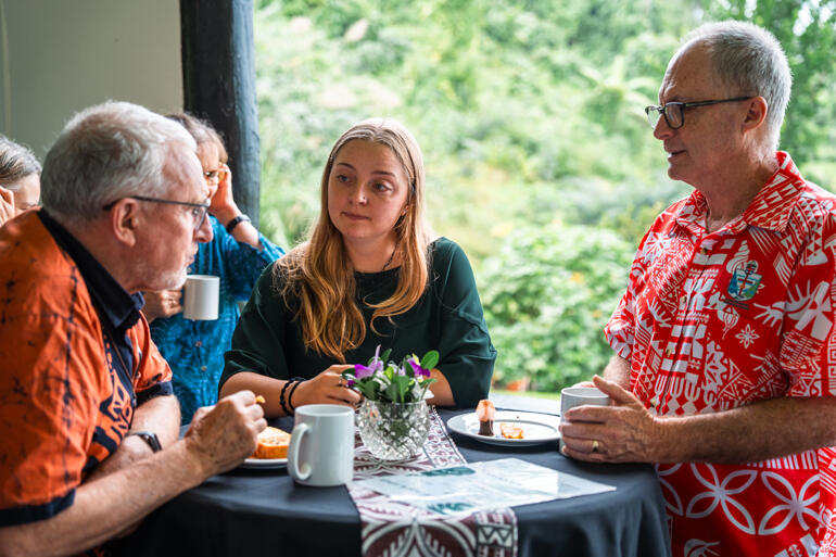 Br Christopher John SSF (Society of St Francis) Phoebe McLean (Anglican Missions) and Rev Canon Michael Hughes (Anglican Missions' Board) confer.